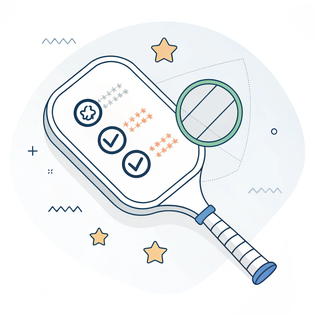Simplified illustration of a composite pickleball paddle with quality control symbols and customization cues