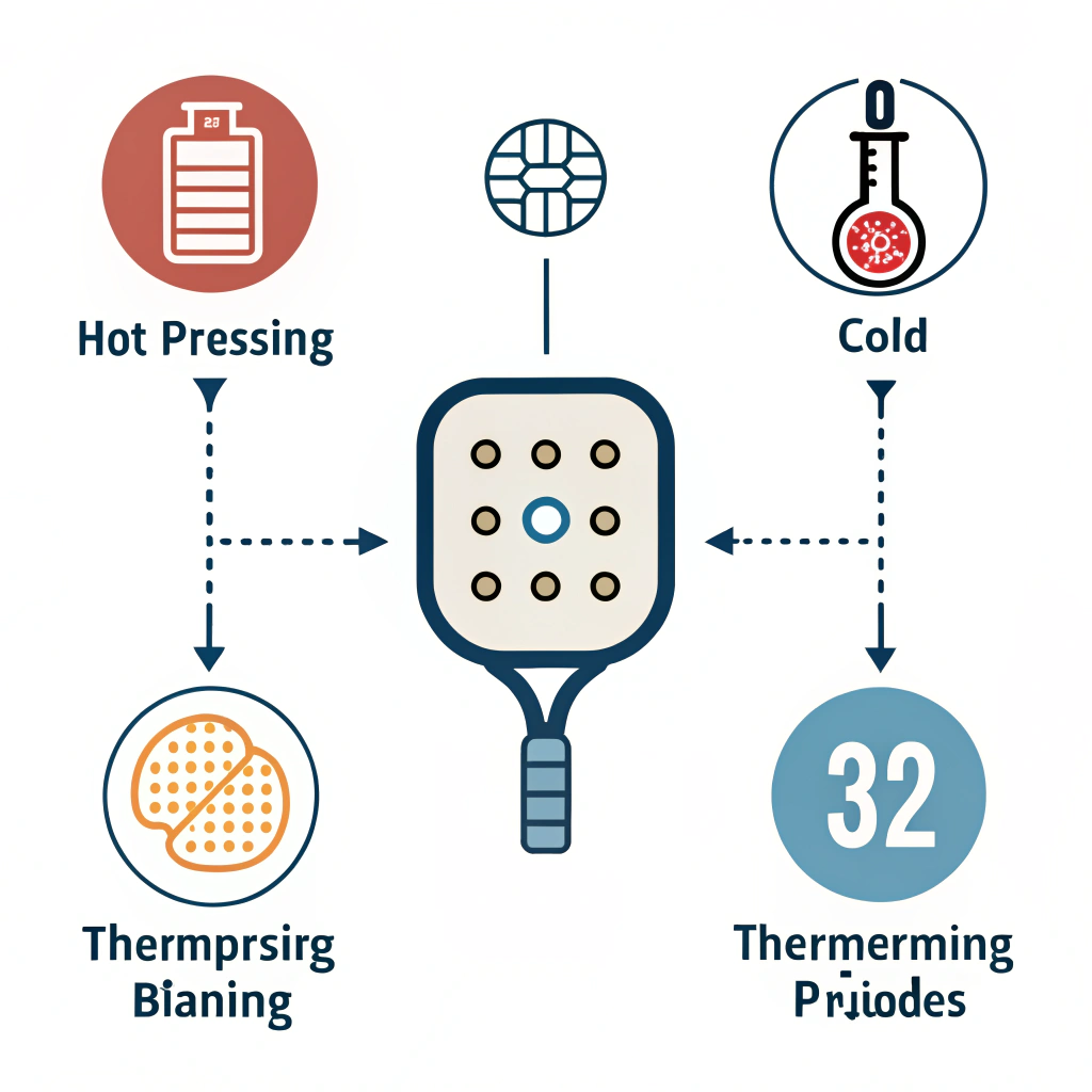 Minimalistic illustration with three icons symbolizing advanced manufacturing methods for pickleball paddles.