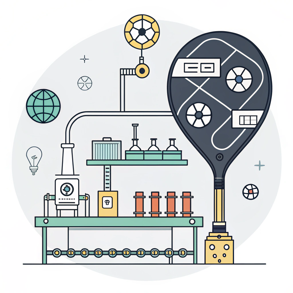 Minimalist illustration of futuristic factory setup for carbon fiber paddle production