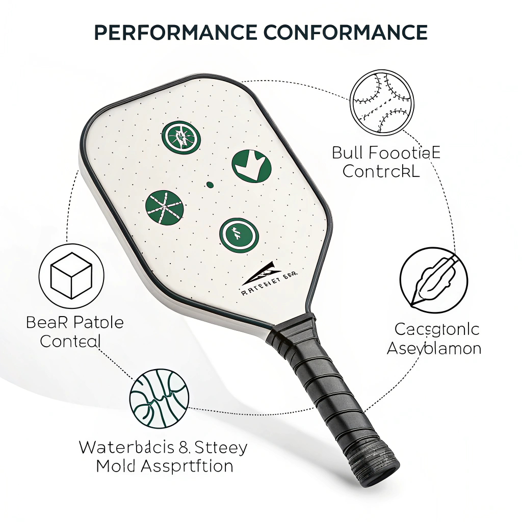 Minimal flat illustration highlighting modern pickleball paddle performance features.