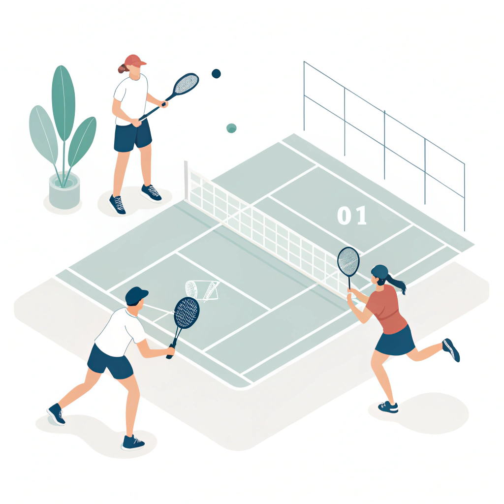 Flat 2D illustration of dynamic players in a professional pickleball match