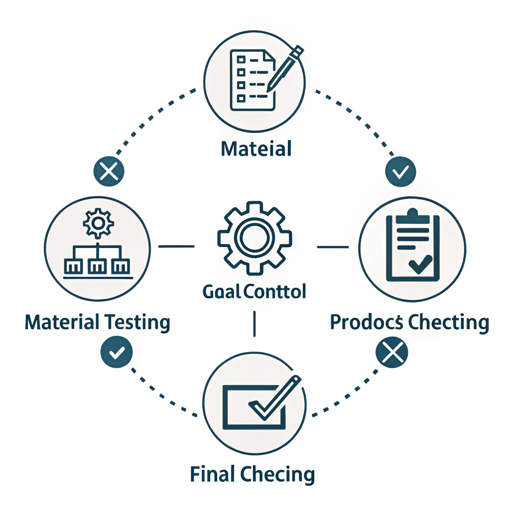 Minimal flat illustration of sequential quality control icons in production.