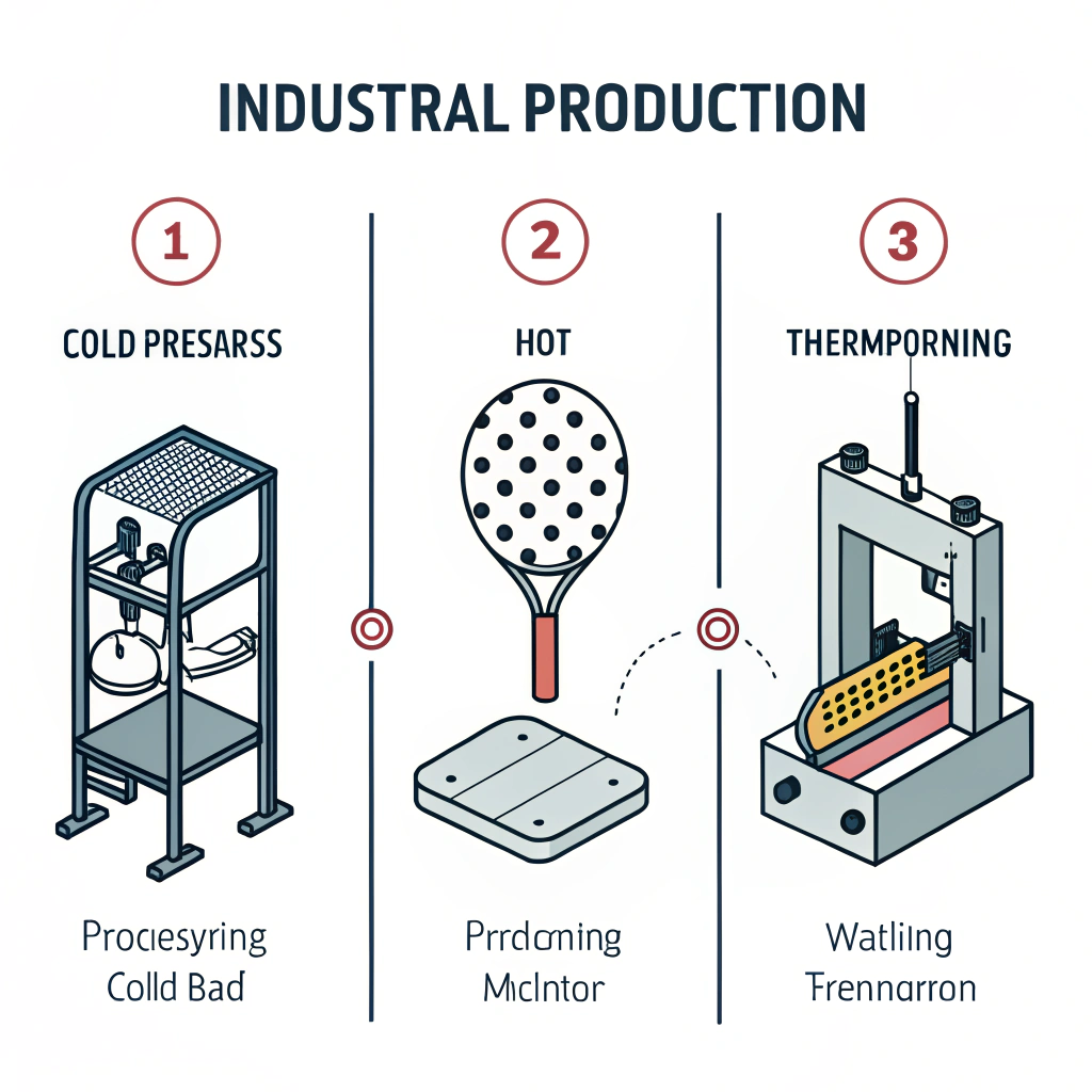 2D flat design illustration representing three engineered production techniques for pickleball paddles