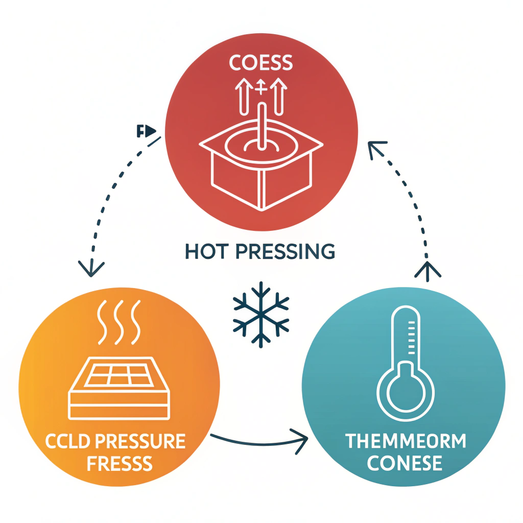 Flat design illustration of three distinct manufacturing techniques in sports equipment