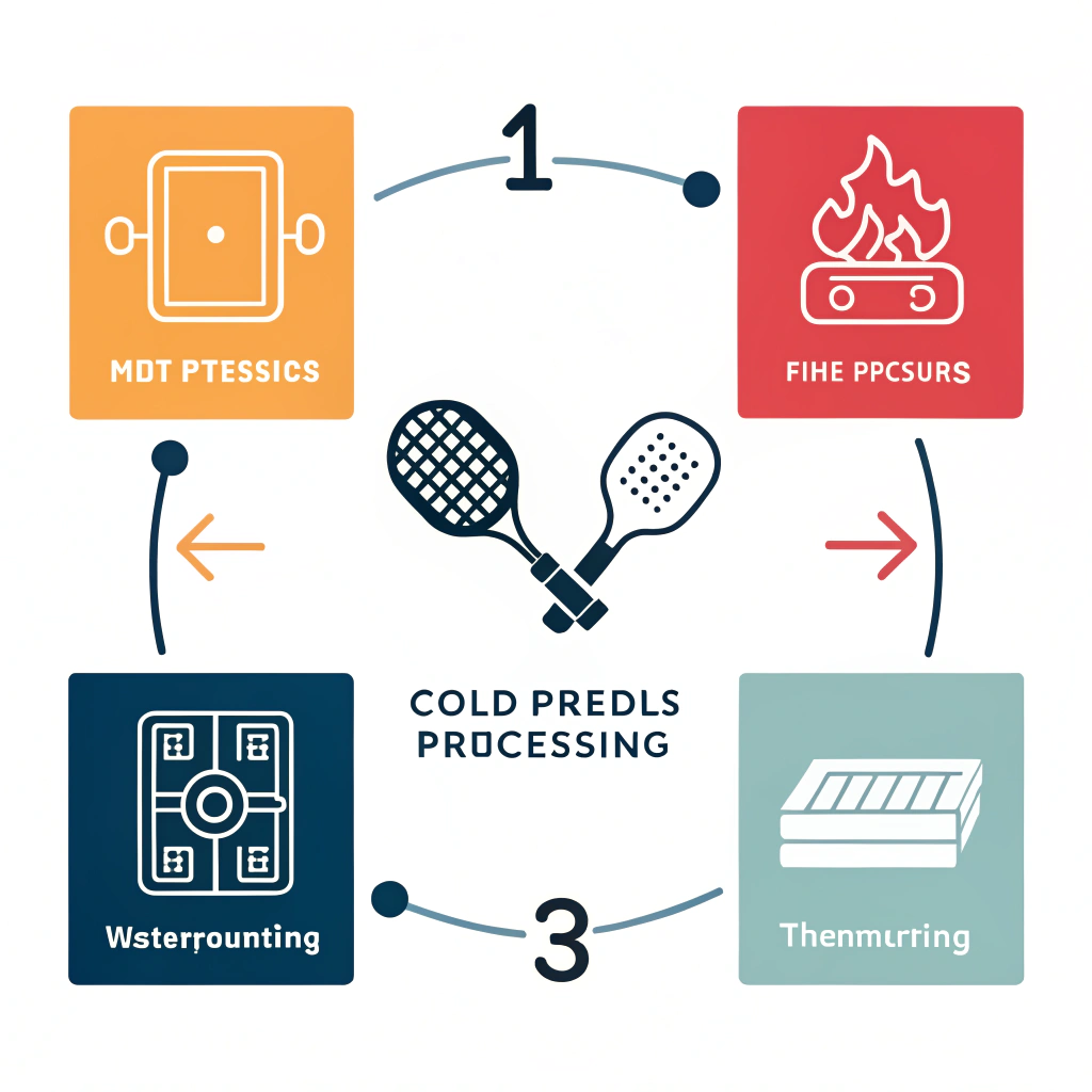 2D minimal illustration depicting three production methods for pickleball paddles in a simplified style