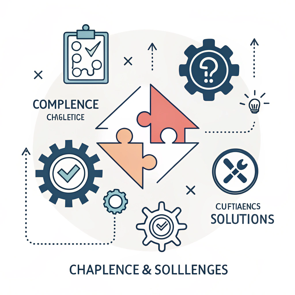 Abstract vector art with puzzle pieces, gears, and arrows symbolizing compliance and operational solutions.