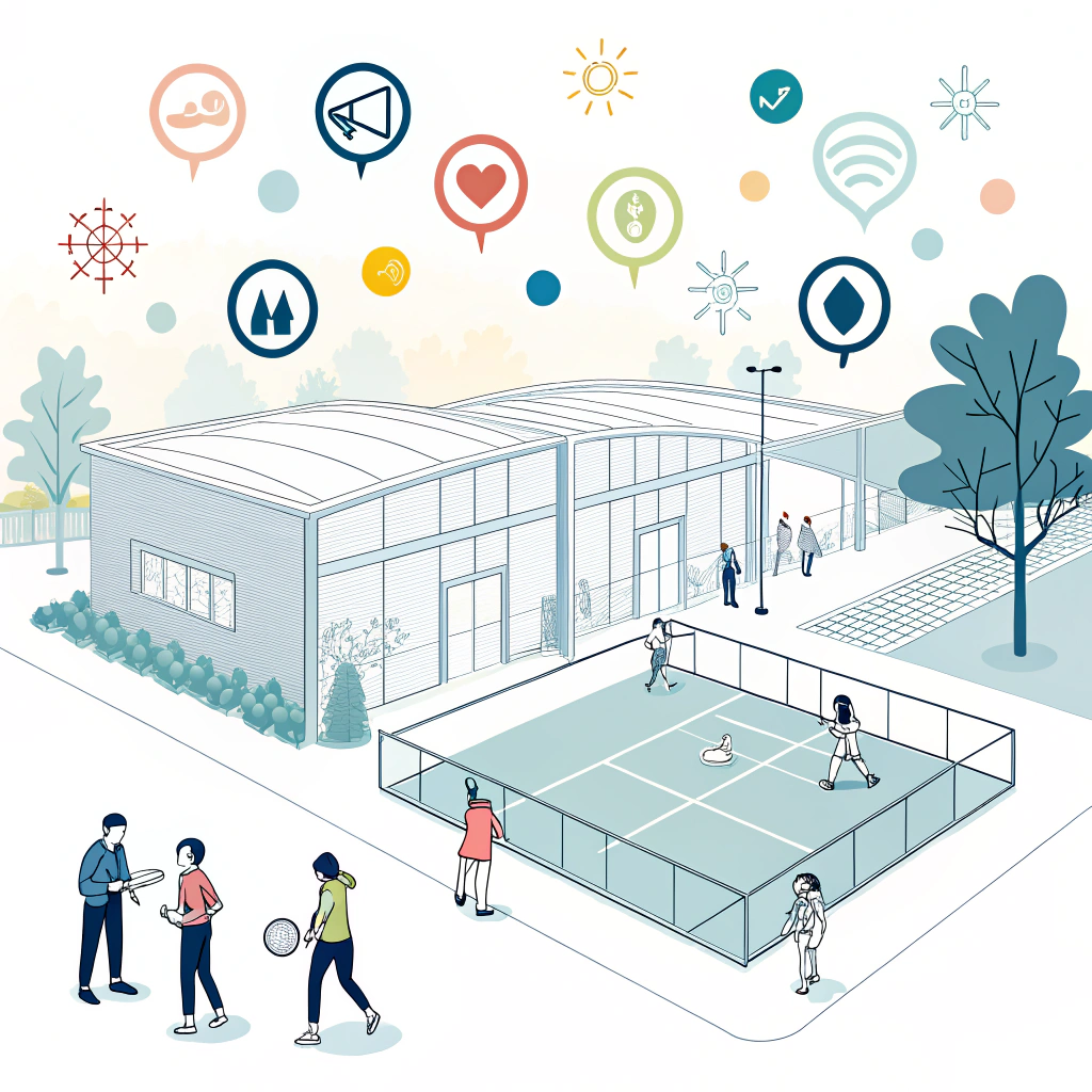 Simple minimal illustration of community engagement in a modern pickleball facility.