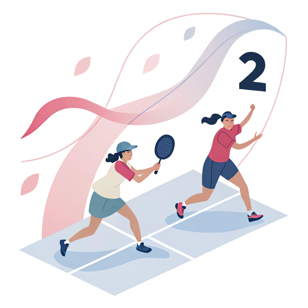 Minimalist 2D illustration of two pickleball players engaged in a dynamic rally on a simple court