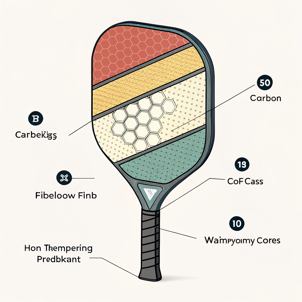 A 2D minimalist flat design showing a dissected pickleball paddle with layered material details and abstract production elements.