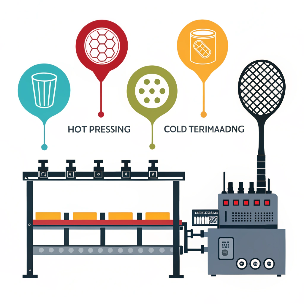 Minimalistic flat design showing advanced pickleball paddle production processes