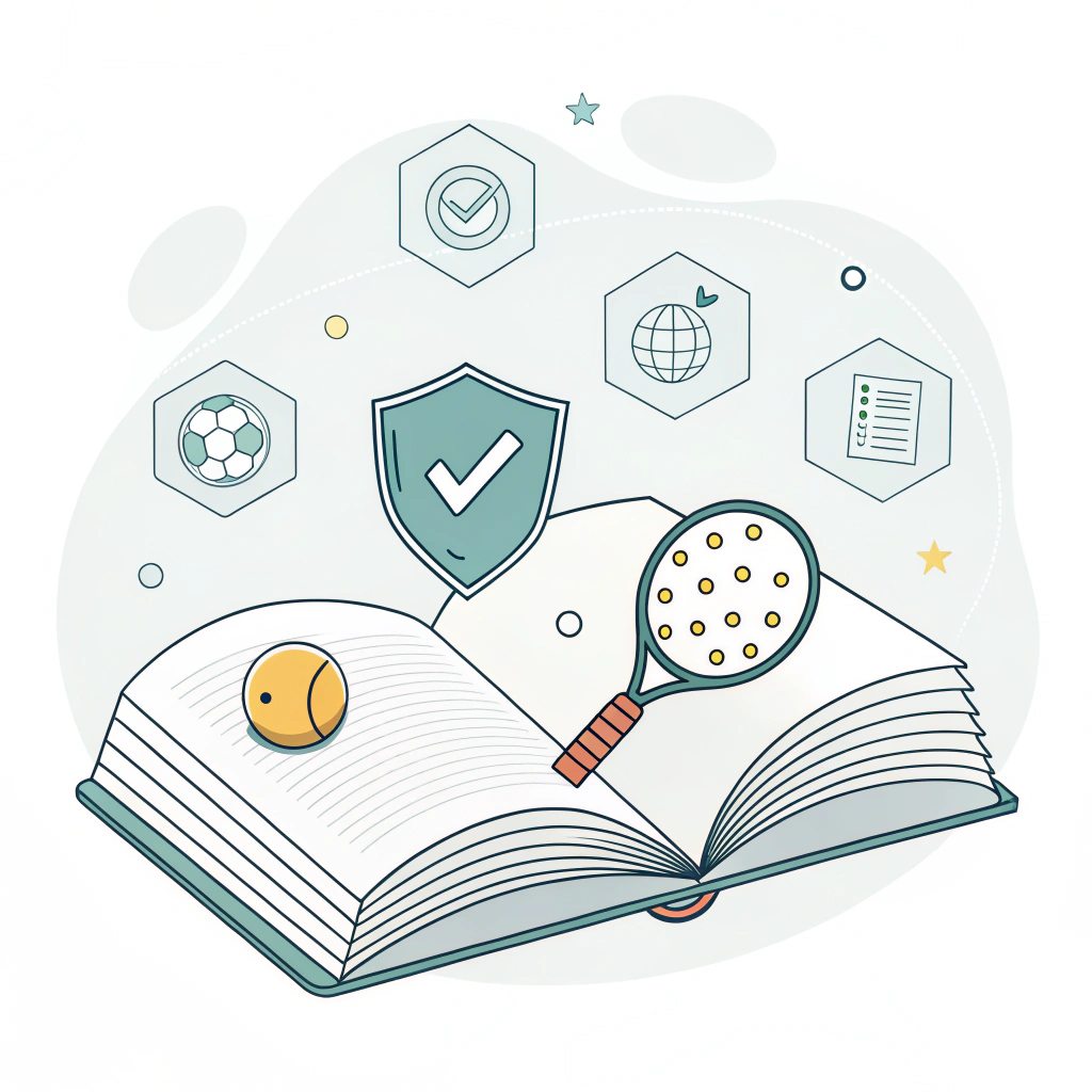 Simple vector art showing a rulebook, paddle, ball, and facility icons in minimal style.