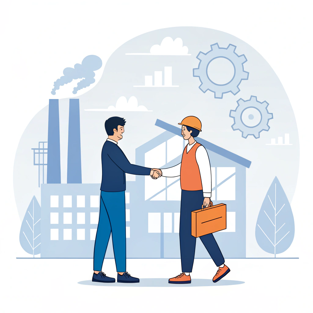 Minimalist 2D art showing a business handshake and factory collaboration scene
