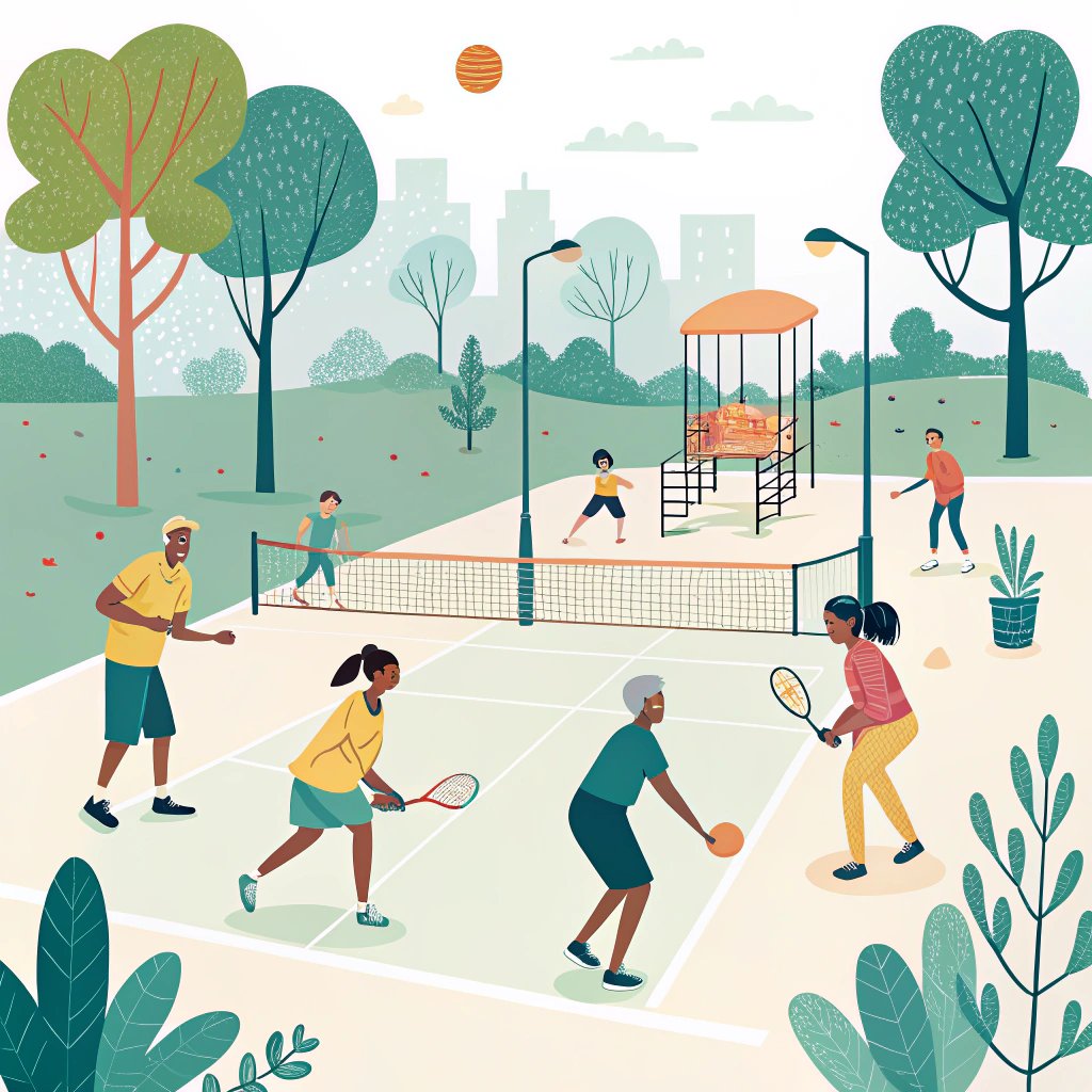 Simplistic 2D scene of diverse players enjoying a pickleball game in a park