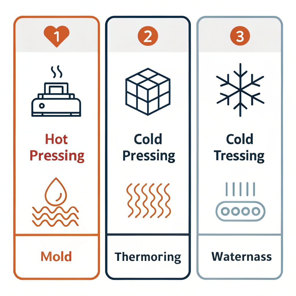 Minimalist icons representing hot pressing, cold pressing, and thermoforming techniques