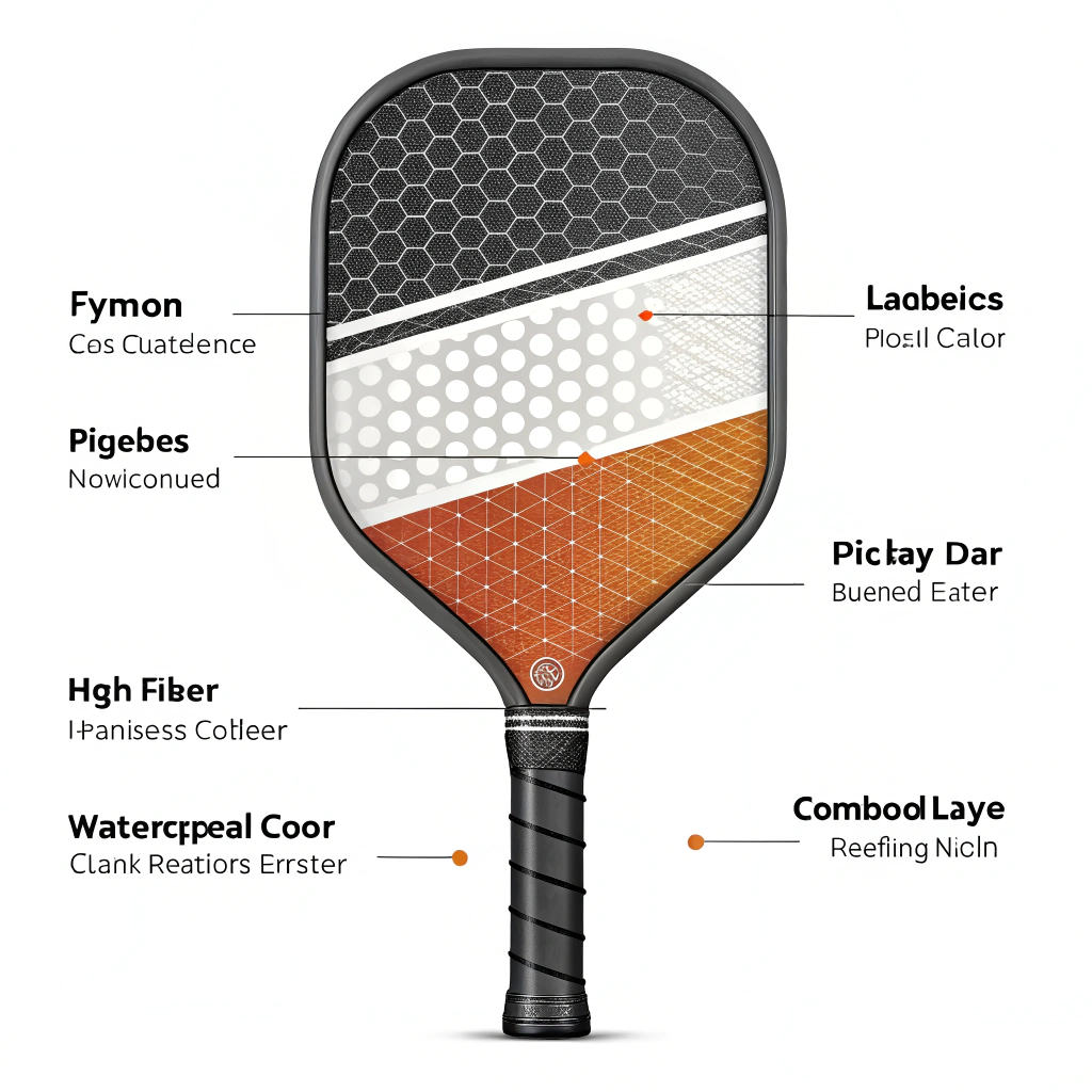 A clean 2D illustration showing a cross-section of a high-performance pickleball paddle with layered composite details.