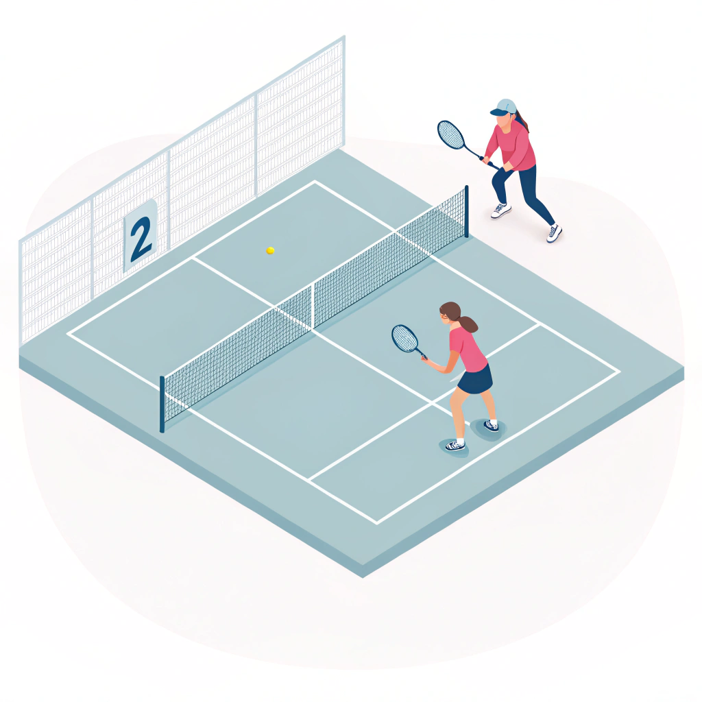 "Minimalist 2D illustration of a pickleball court with players in action."