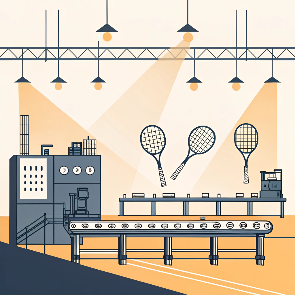 Minimalist 2D illustration of a modern facility with advanced machinery producing pickleball paddles