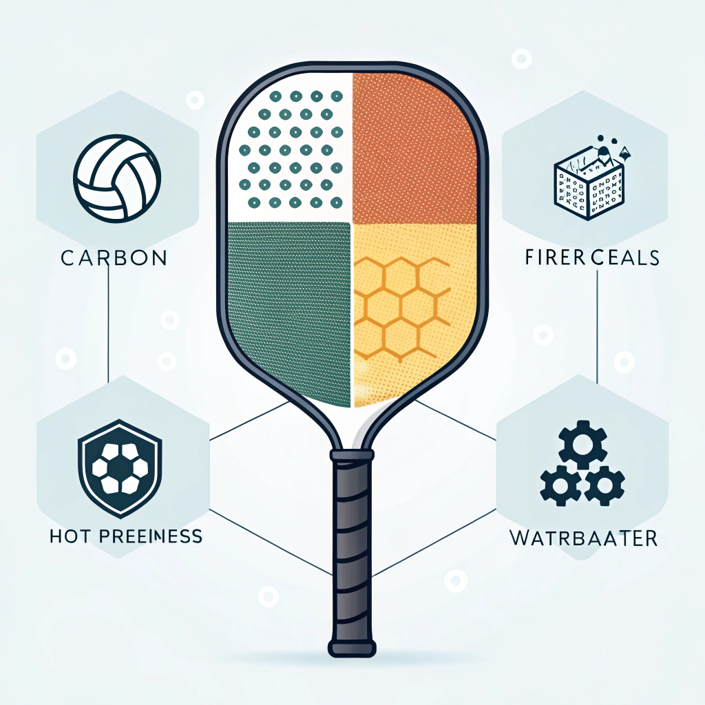 A clean 2D illustration of a beginner pickleball paddle with segmented material textures and abstract production icons