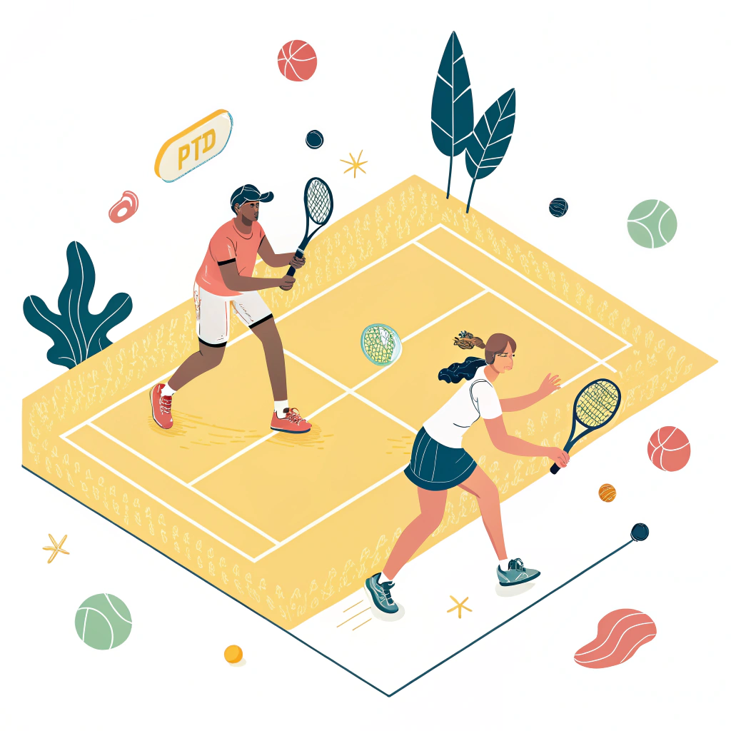 Simplified illustration of dynamic pickleball players in a minimal flat design court.