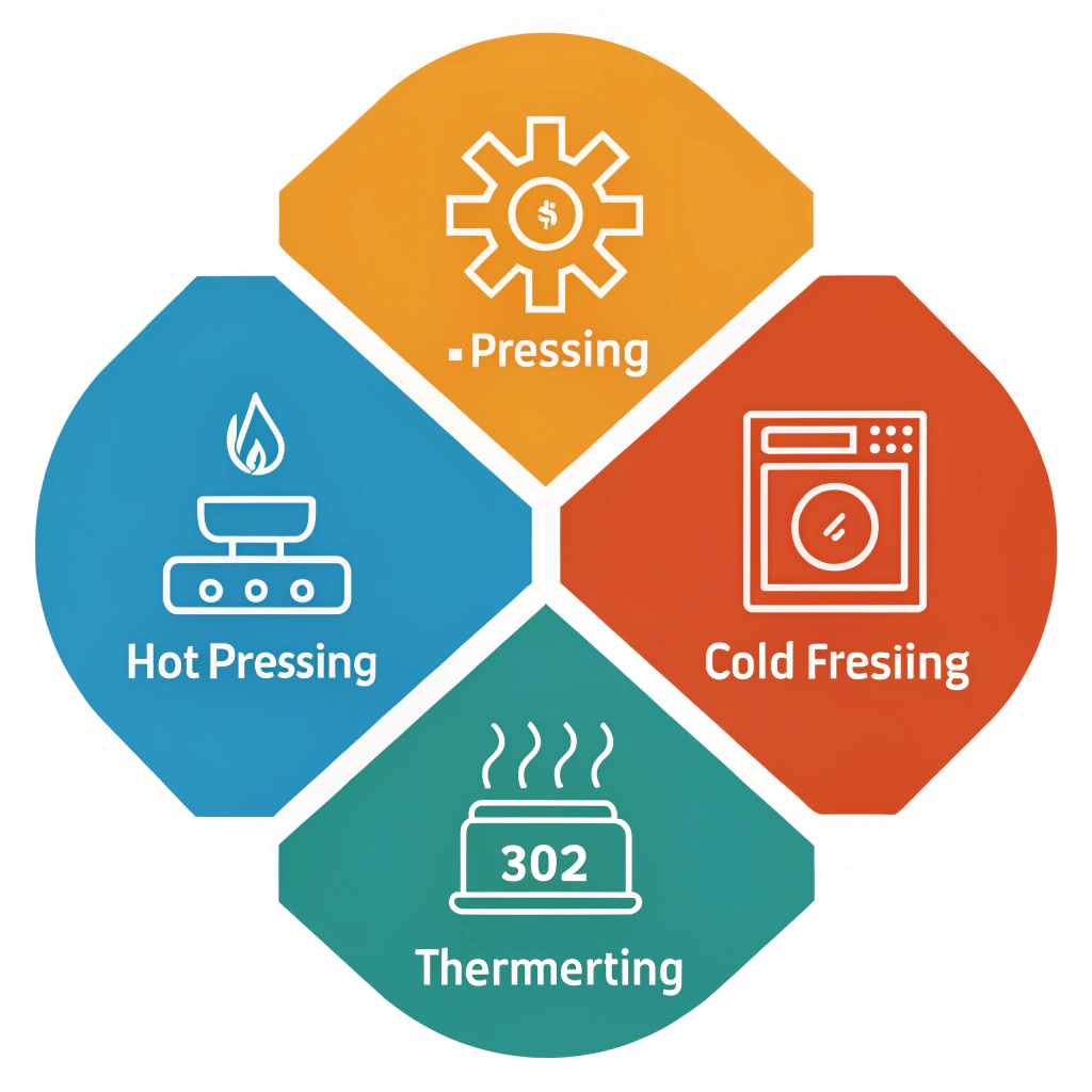 Clean minimalist graphics illustrating three advanced manufacturing processes.