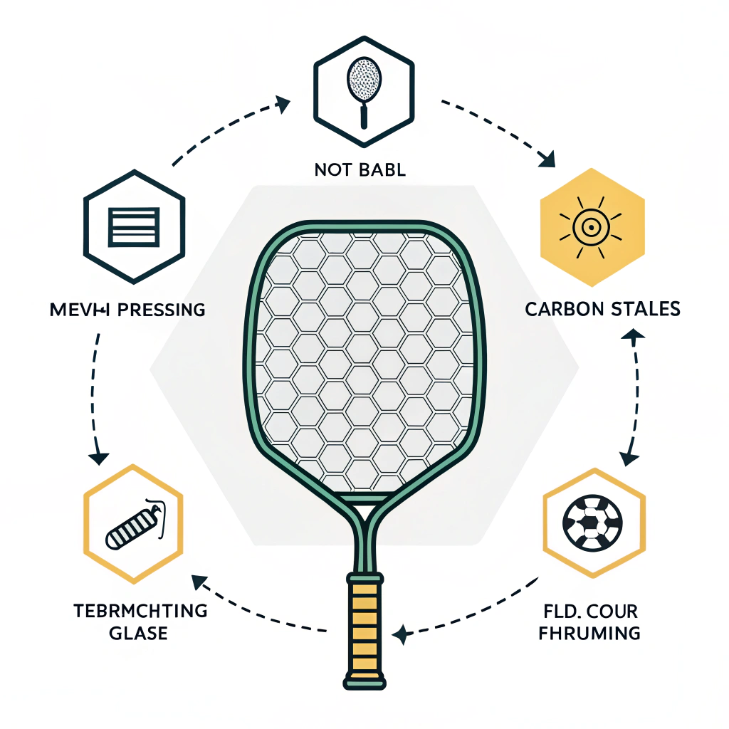 Minimalist 2D illustration of paddle manufacturing with abstract material and process icons.