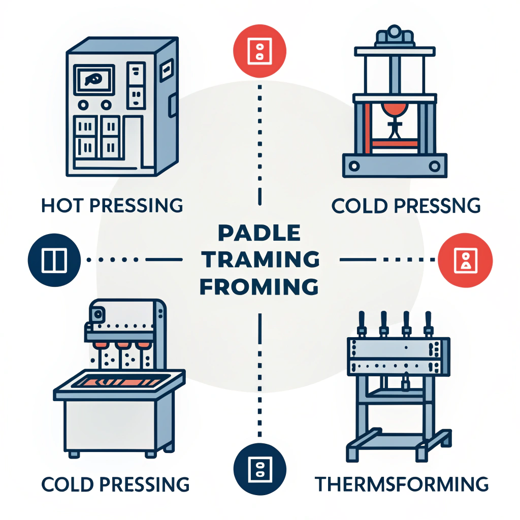 Flat 2D illustration of advanced hot pressing, cold pressing, and thermoforming processes