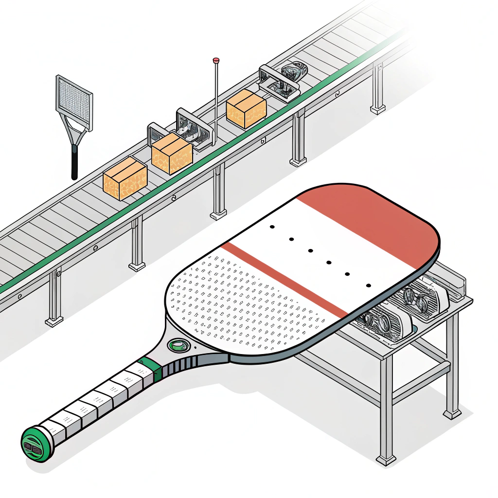 Minimal flat illustration of advanced paddle production in a modern Chinese factory environment.