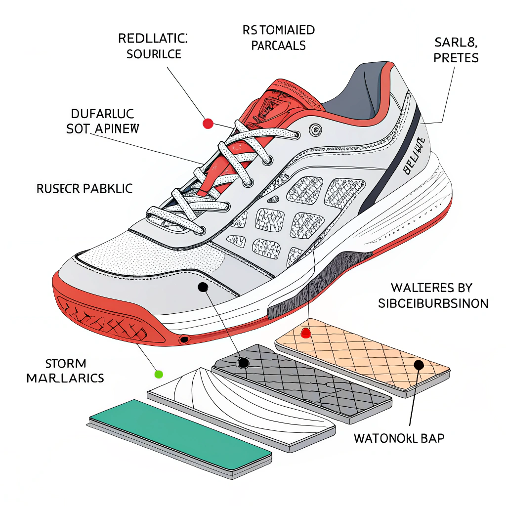 Minimalist deconstructed view of pickleball court shoe technical components and design details.