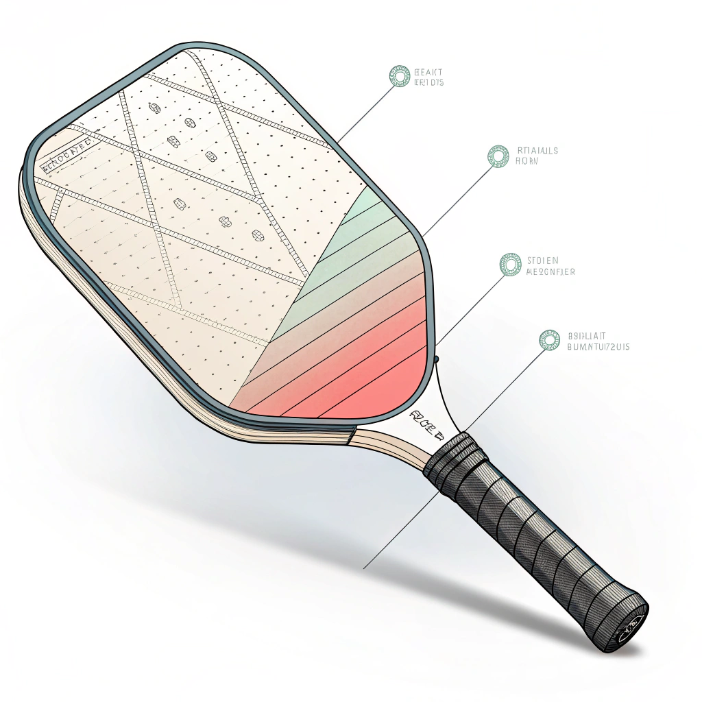 Minimalist illustration of a composite pickleball paddle with layered material structure