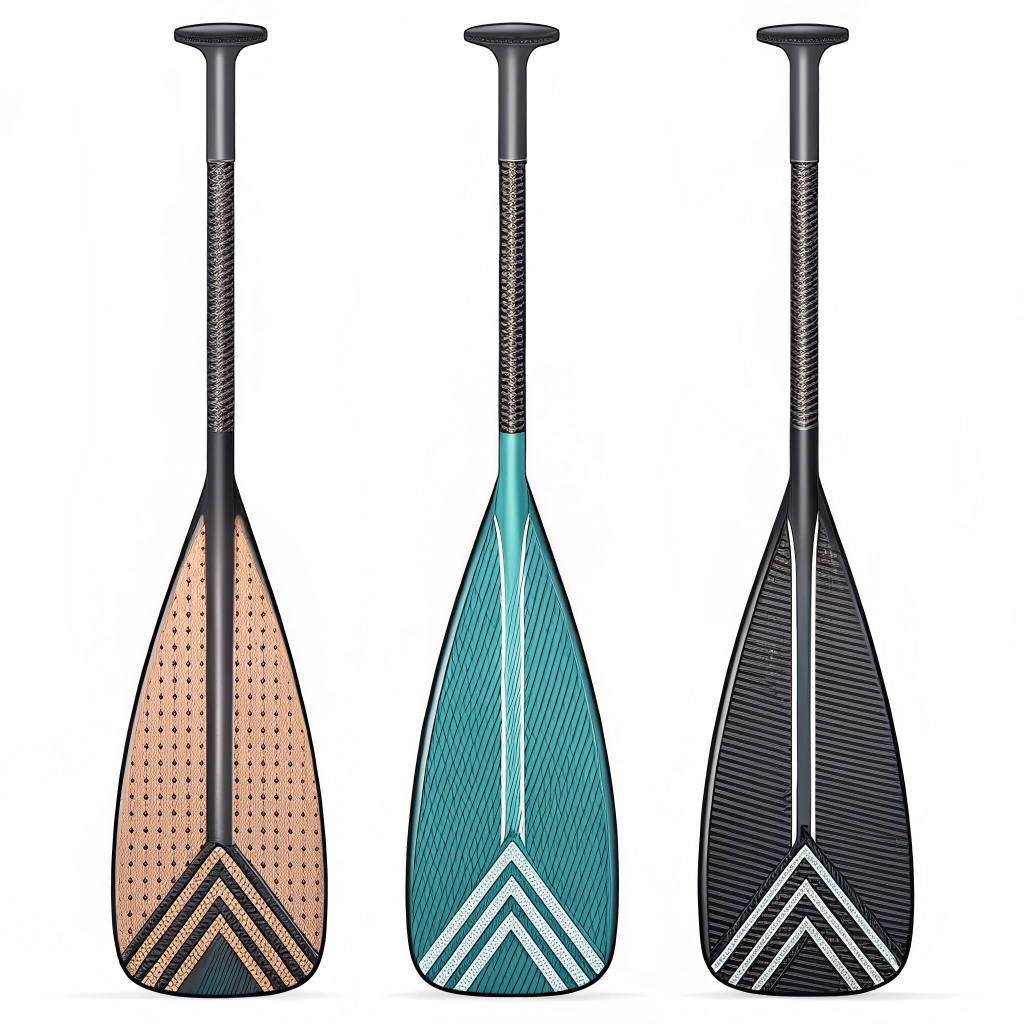 Clean 2D illustration showing three paddle materials: carbon fiber, fiberglass, and composite.