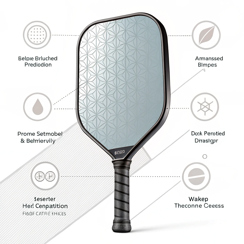 Minimalist 2D art of a sleek carbon fiber pickleball paddle with abstract production elements.