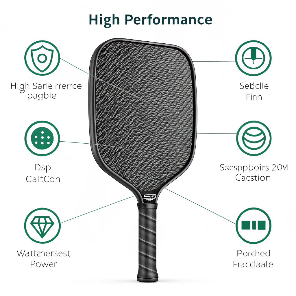 Minimalist 2D illustration of a carbon fiber pickleball paddle showcasing performance details