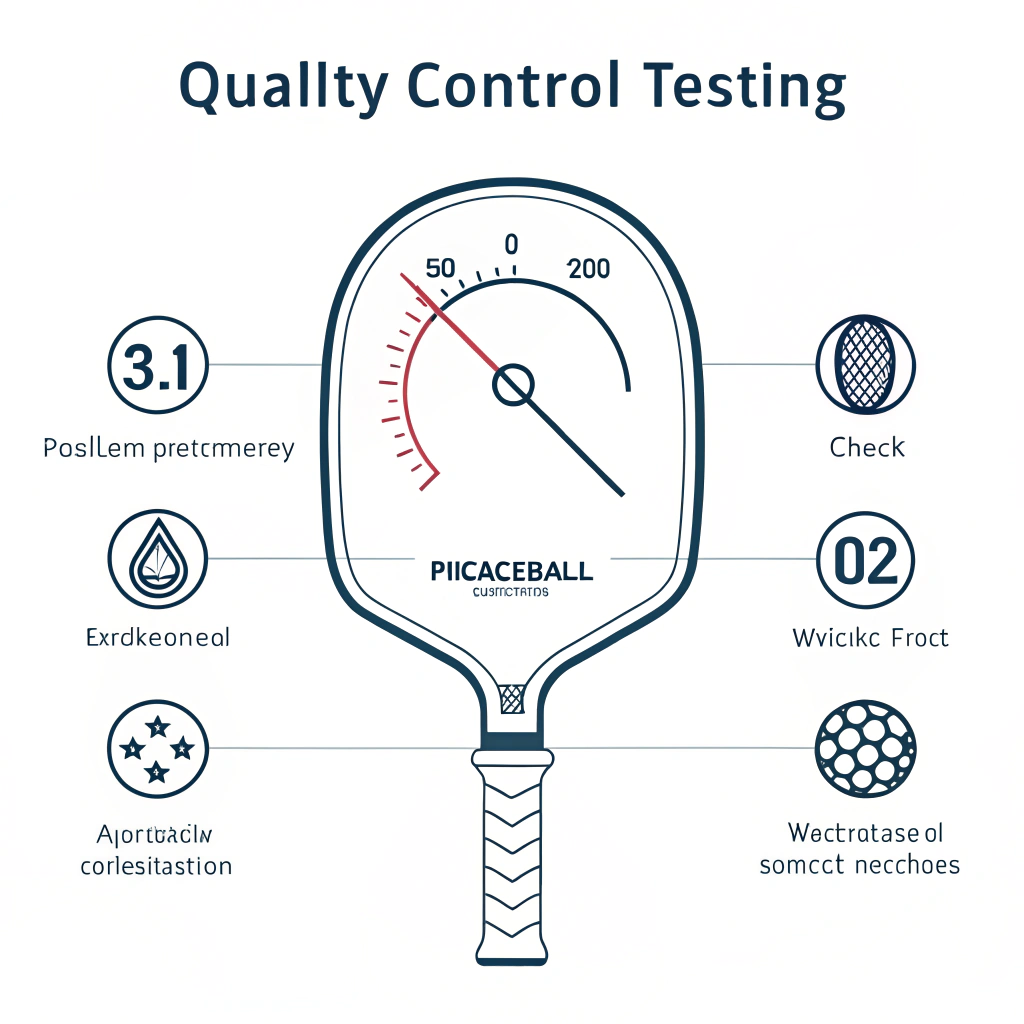 Minimal 2D illustration showing a pickleball paddle with quality testing icons.