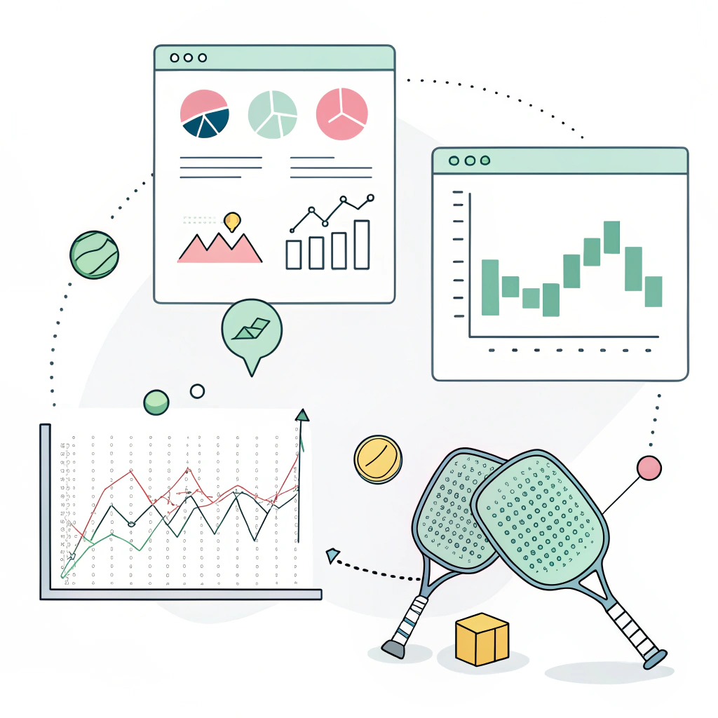 Minimal 2D depiction of graphs and case study imagery for pickleball production data