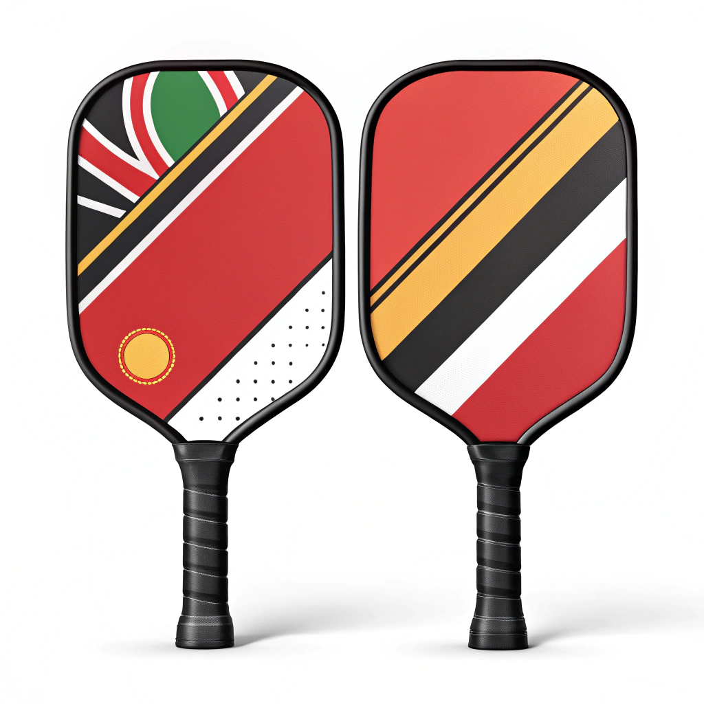 2D minimal art of a pickleball paddle with vibrant, double-sided sublimation prints