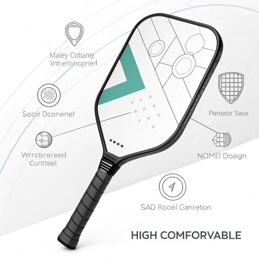 Clean minimalist 2D depiction of a dynamic Kevlar composite pickleball paddle showcasing performance and durability.