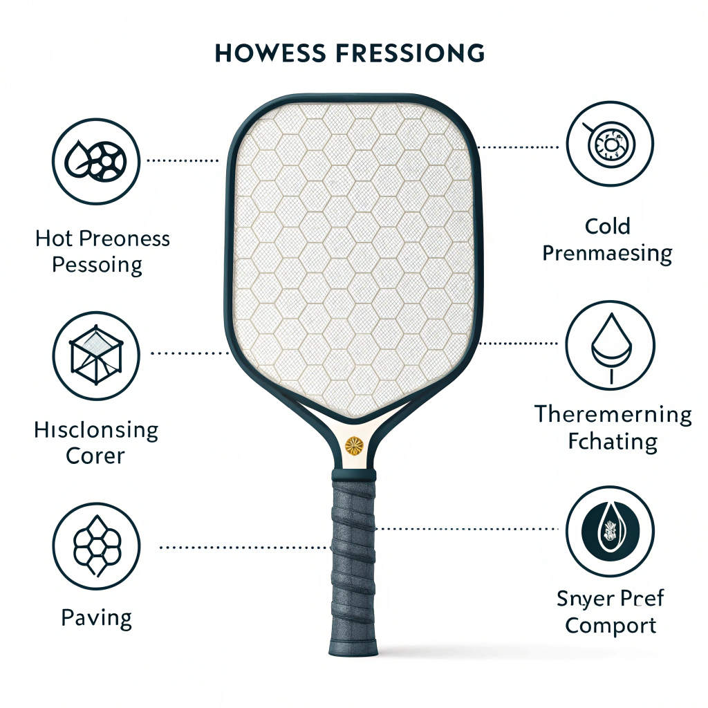 Flat design illustration of a cross-sectional high-performance pickleball paddle with distinct production layers.