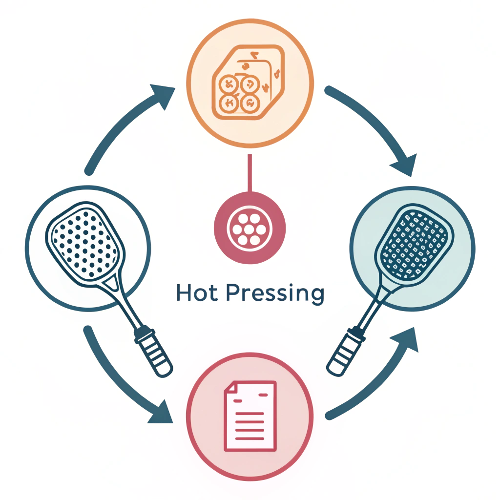 Flat, minimalist flow diagram of three pickleball production techniques