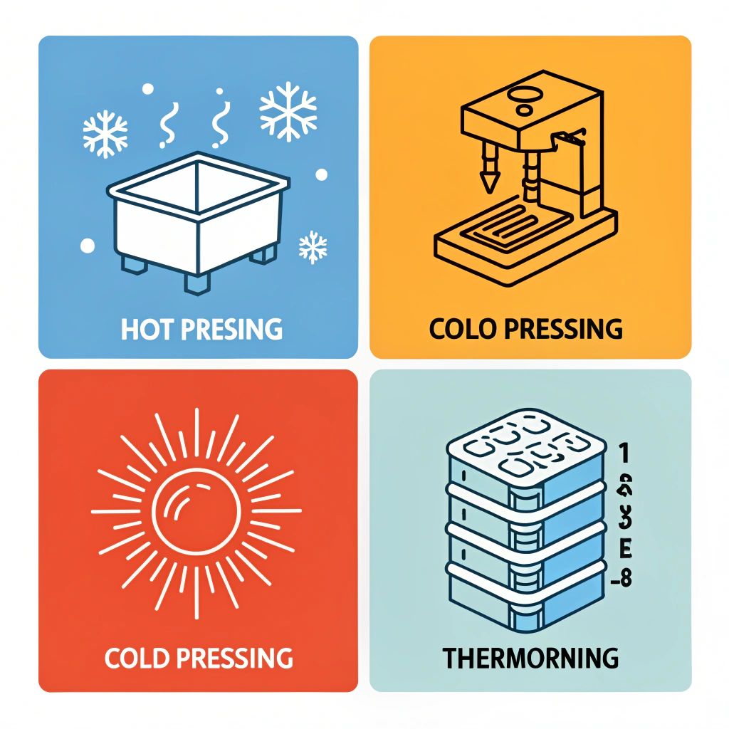 Minimalistic illustration comparing hot pressing, cold pressing, and thermoforming techniques