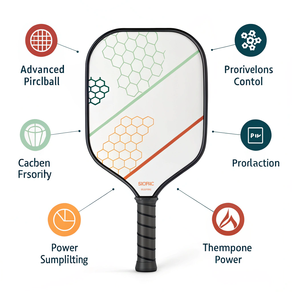 2D flat illustration showing a sleek pickleball paddle with abstract icons for performance and production.