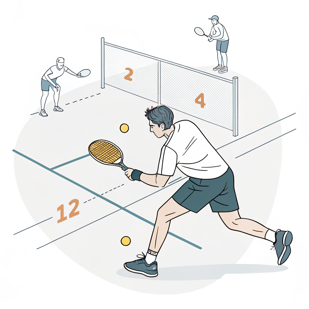 Minimalist 2D illustration of a pickleball player countering a hard serve with modern technique.