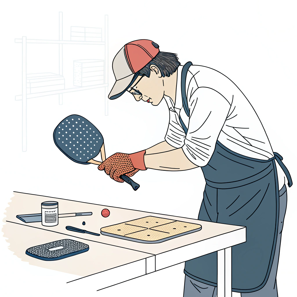 Minimal illustration of an artisan crafting a pickleball paddle with modern materials and clean design.