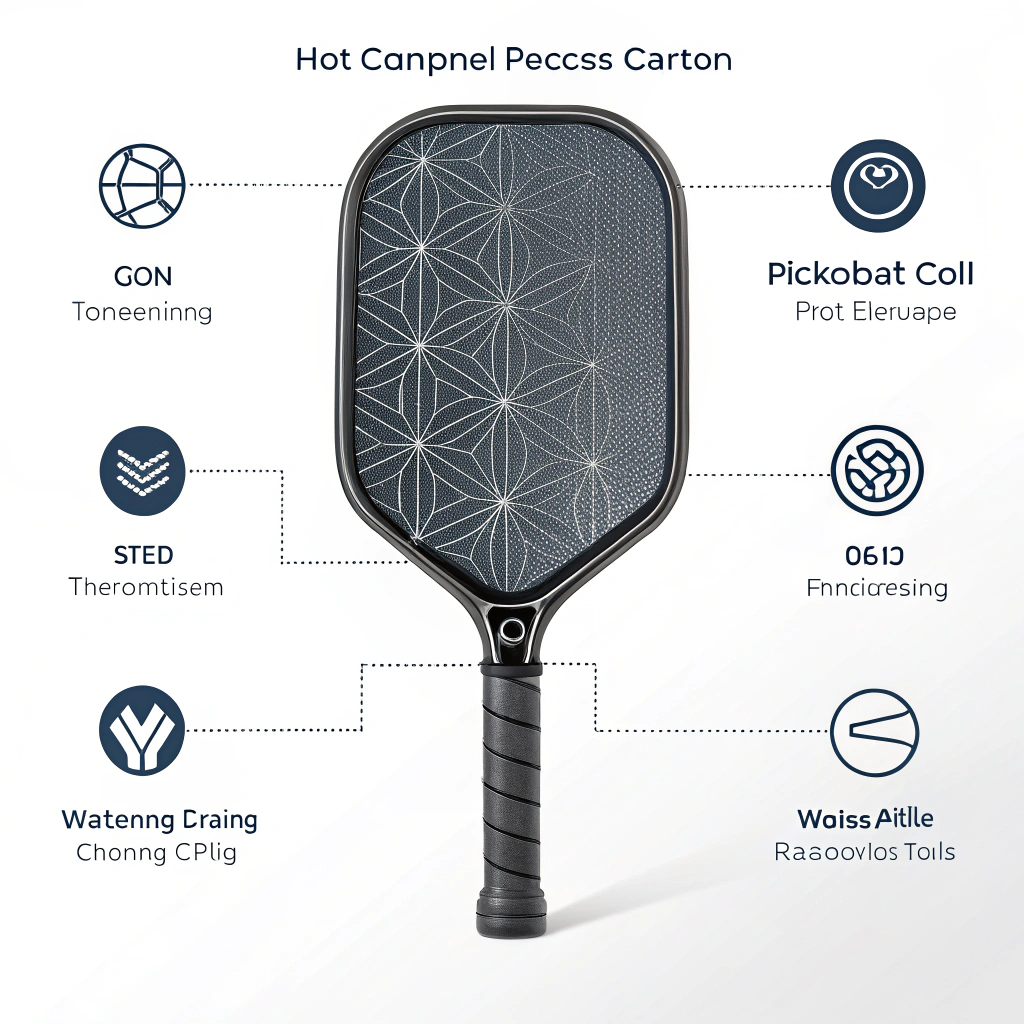 Abstract minimalist 2D design of a streamlined carbon fiber pickleball paddle with process icons.