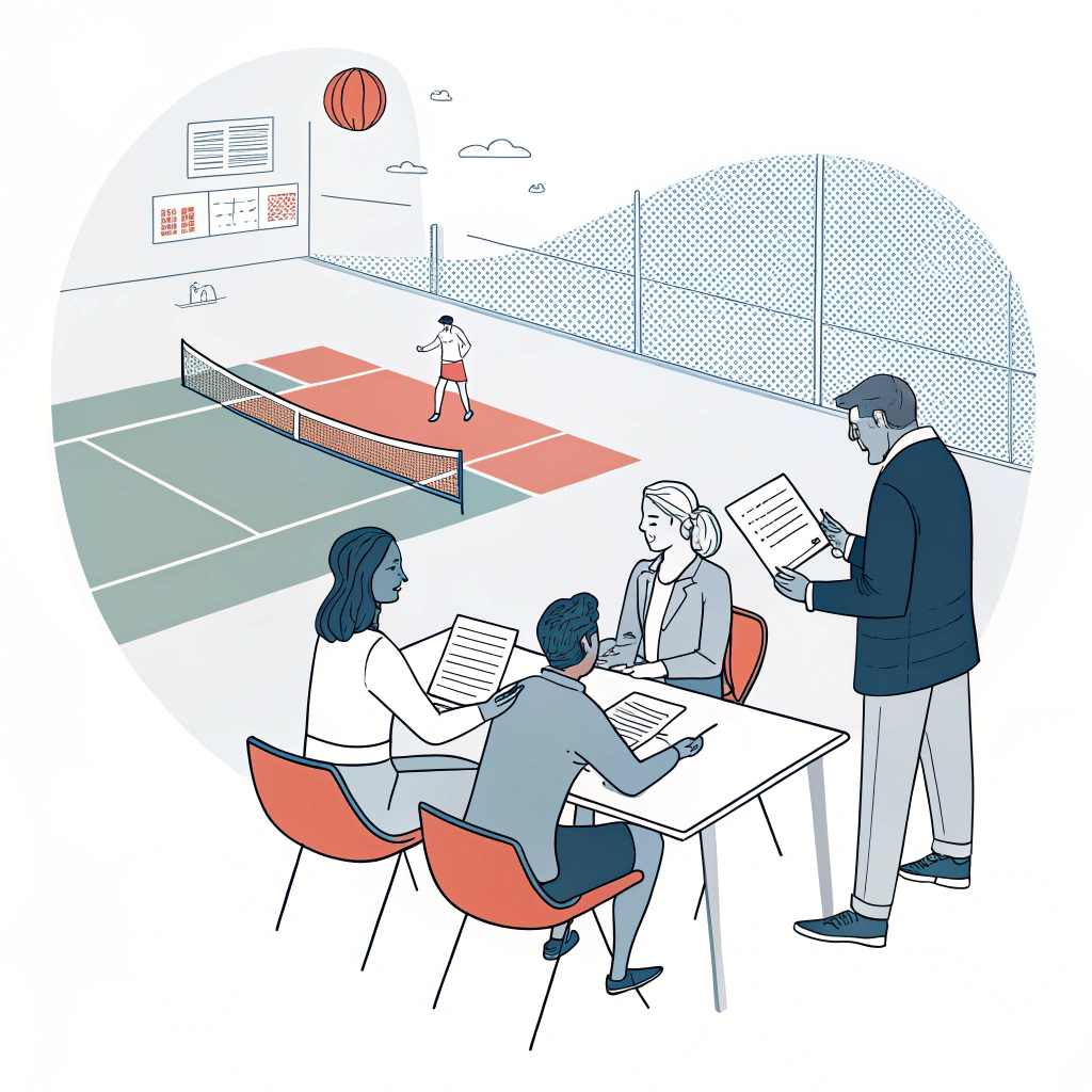 2D minimalist illustration of abstract figures discussing pickleball rally strategies in a business setting