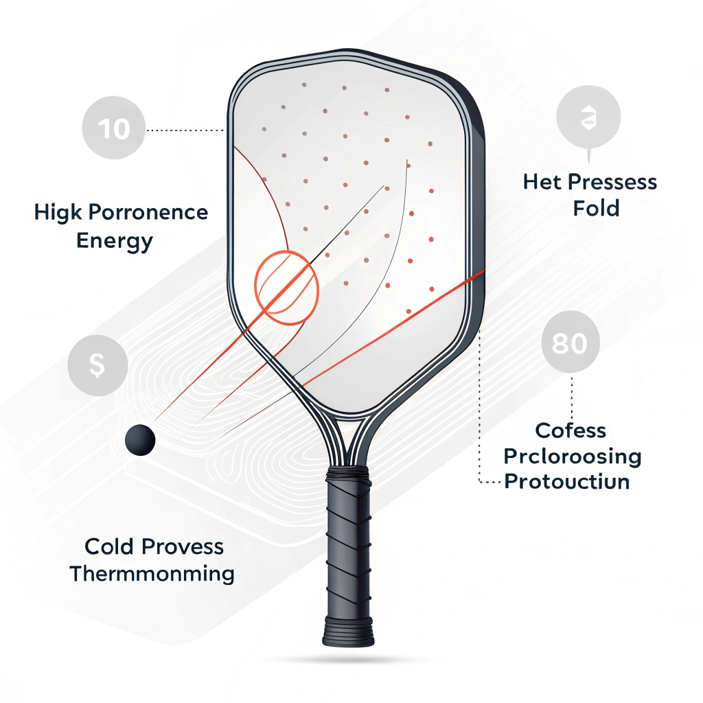 Minimalist 2D illustration of a graphite pickleball paddle with abstract production process symbols.