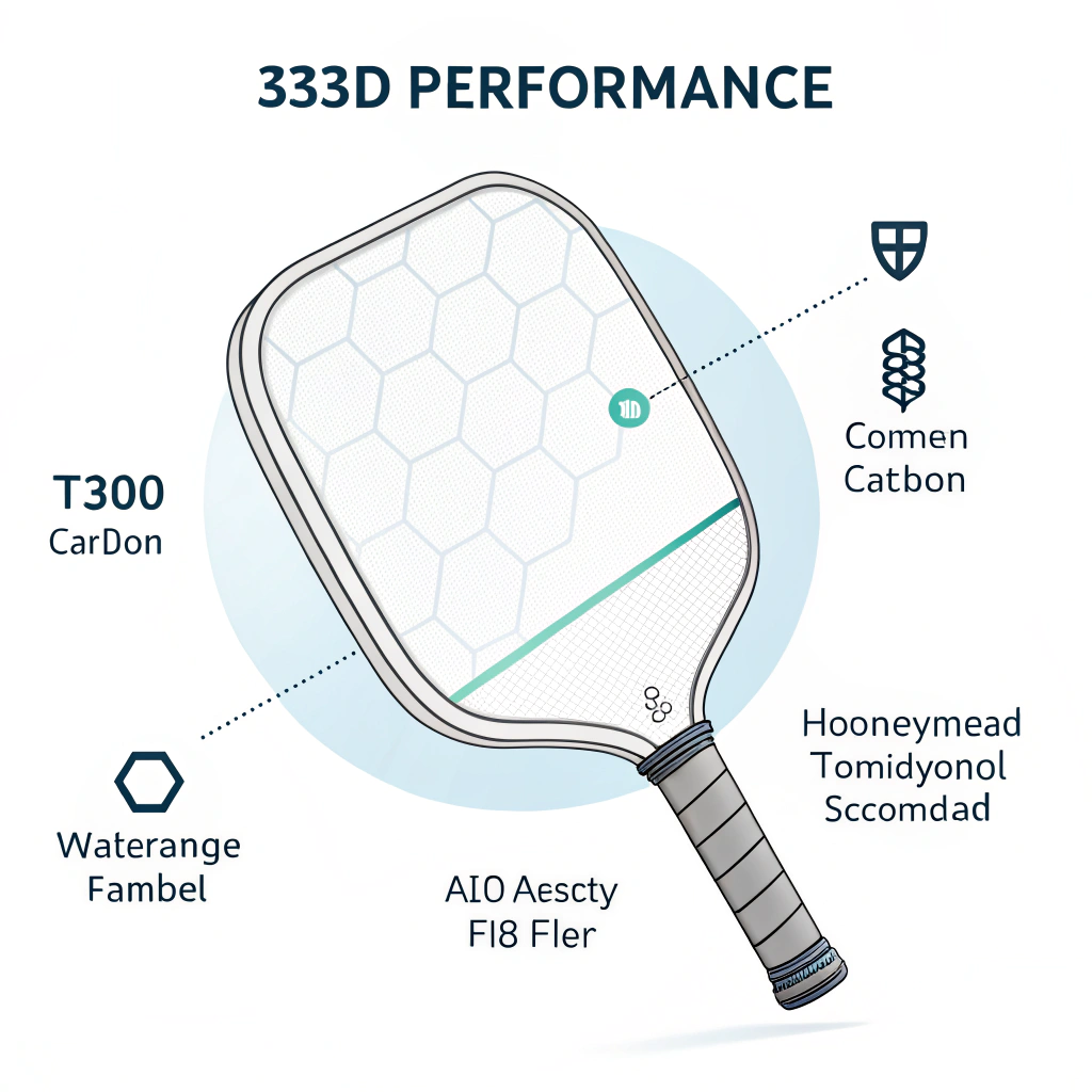 Minimal 2D illustration of a high-performance pickleball paddle with a glowing sweet spot.