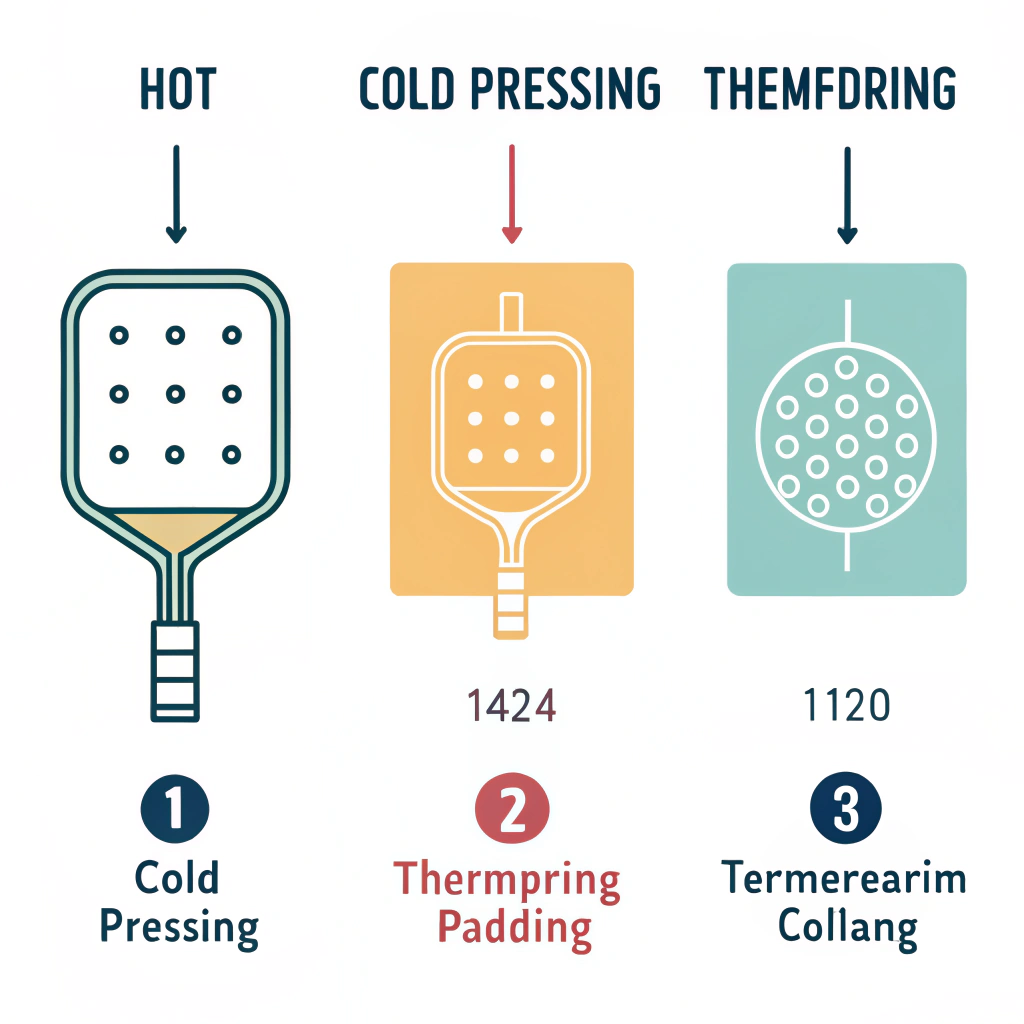 Abstract illustration of three pickleball production methods in a flat design style.