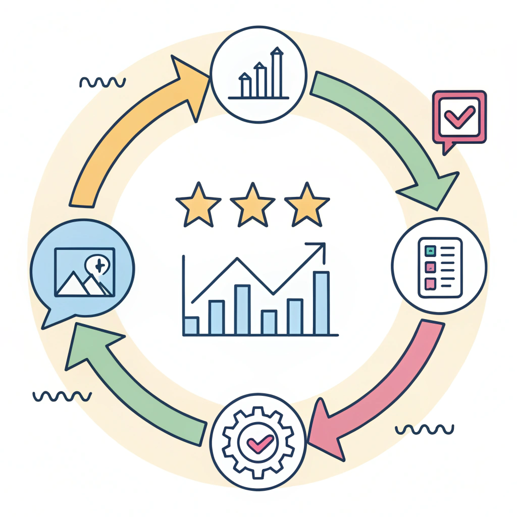 Minimalist vector art showing cyclical arrows and icons symbolizing continuous improvement and training.
