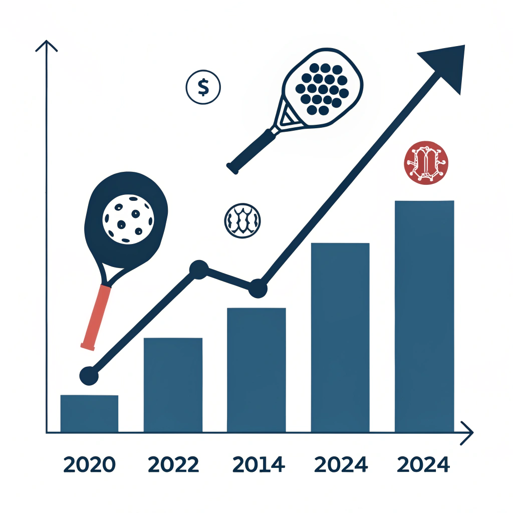 Abstract 2D depiction of economic growth in pickleball with simple icons and arrows