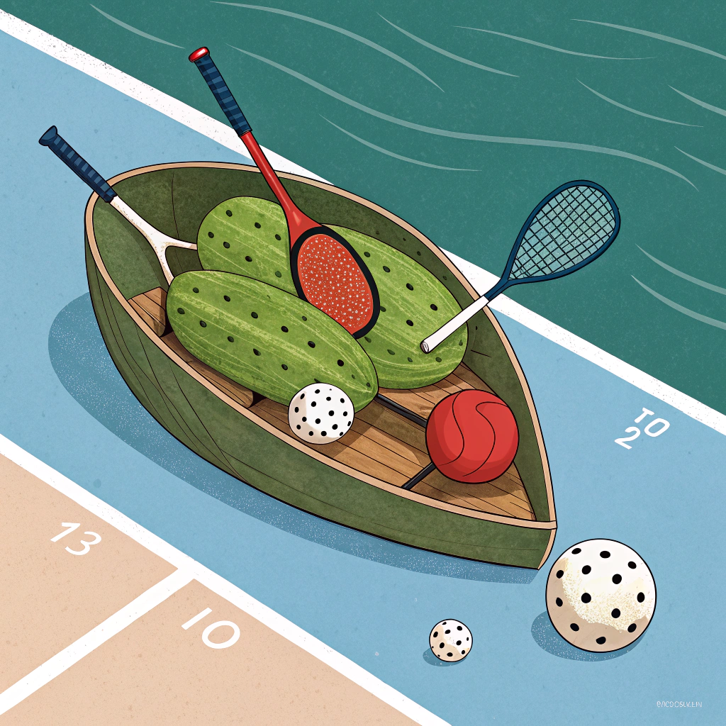 Minimalist artwork of a quirky pickle boat with scattered sports equipment symbolizing the naming origin.